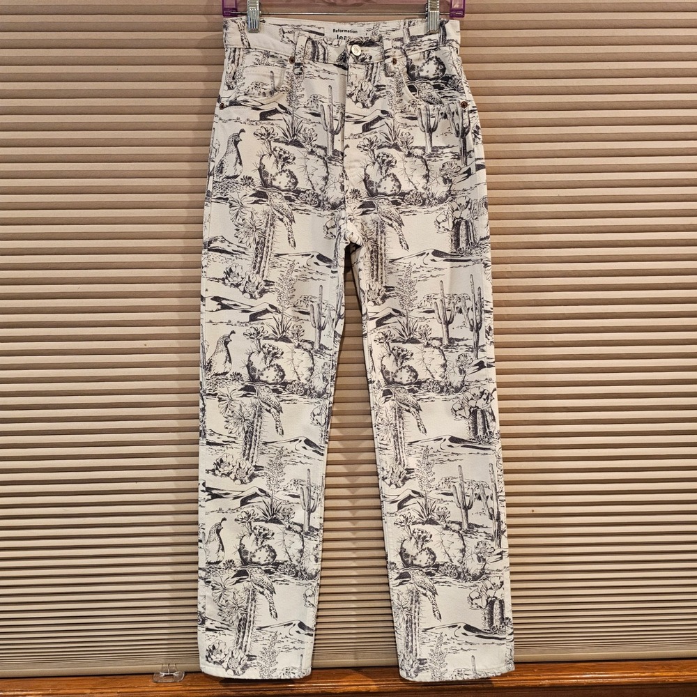 Reformation Oasis High Rise Straight Jeans Desert Toile Print White‎ Black 26